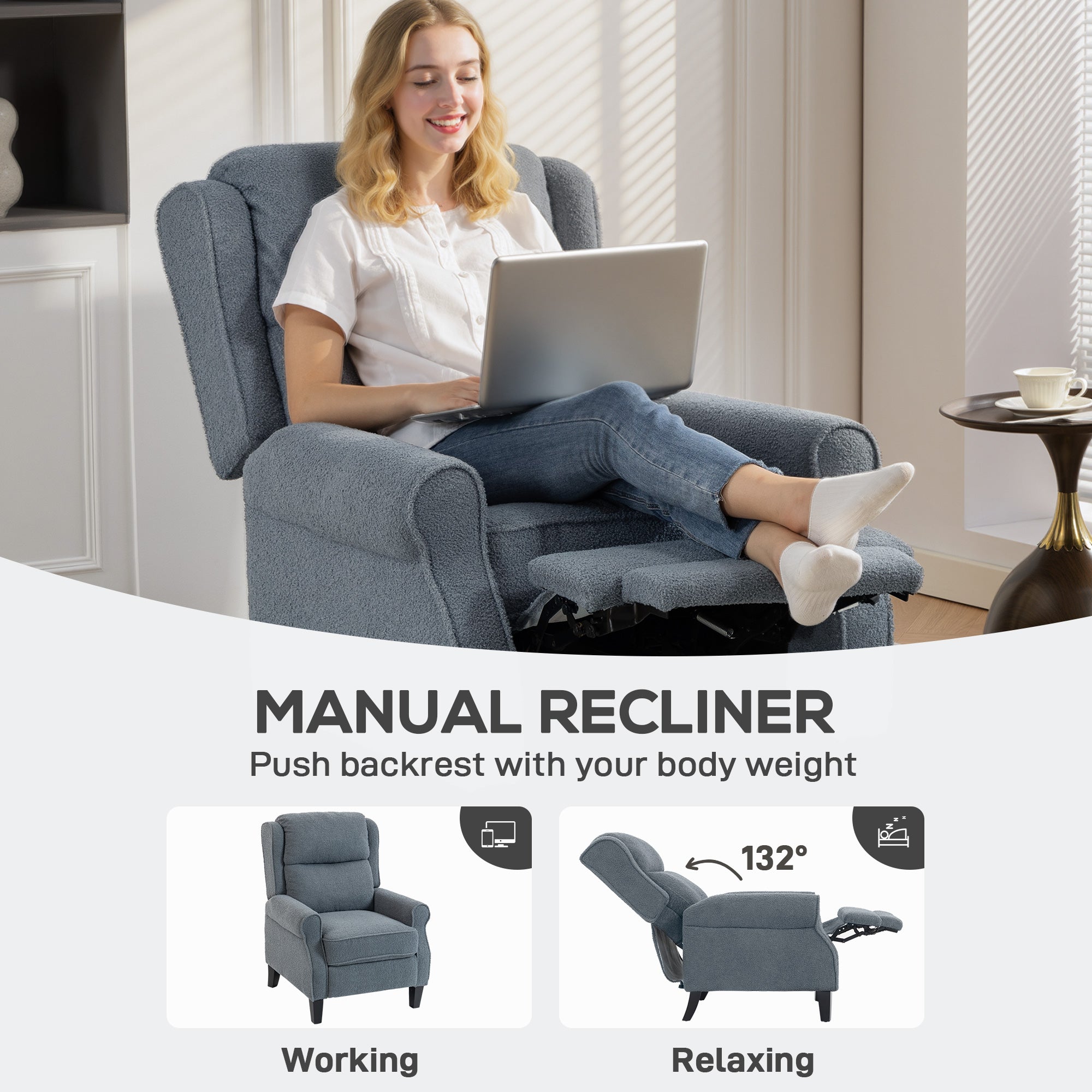 HOMCOM Recliner Armchair with Extended Leg Rest - Grey 