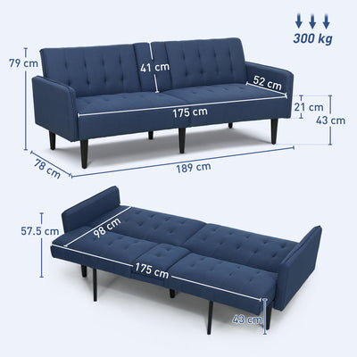 HOMCOM Upholstered Click Clack Sofa Bed, Linen-Feel 3 Seater Sofa Bed with Storage and Cupholders, Dark Blue 
