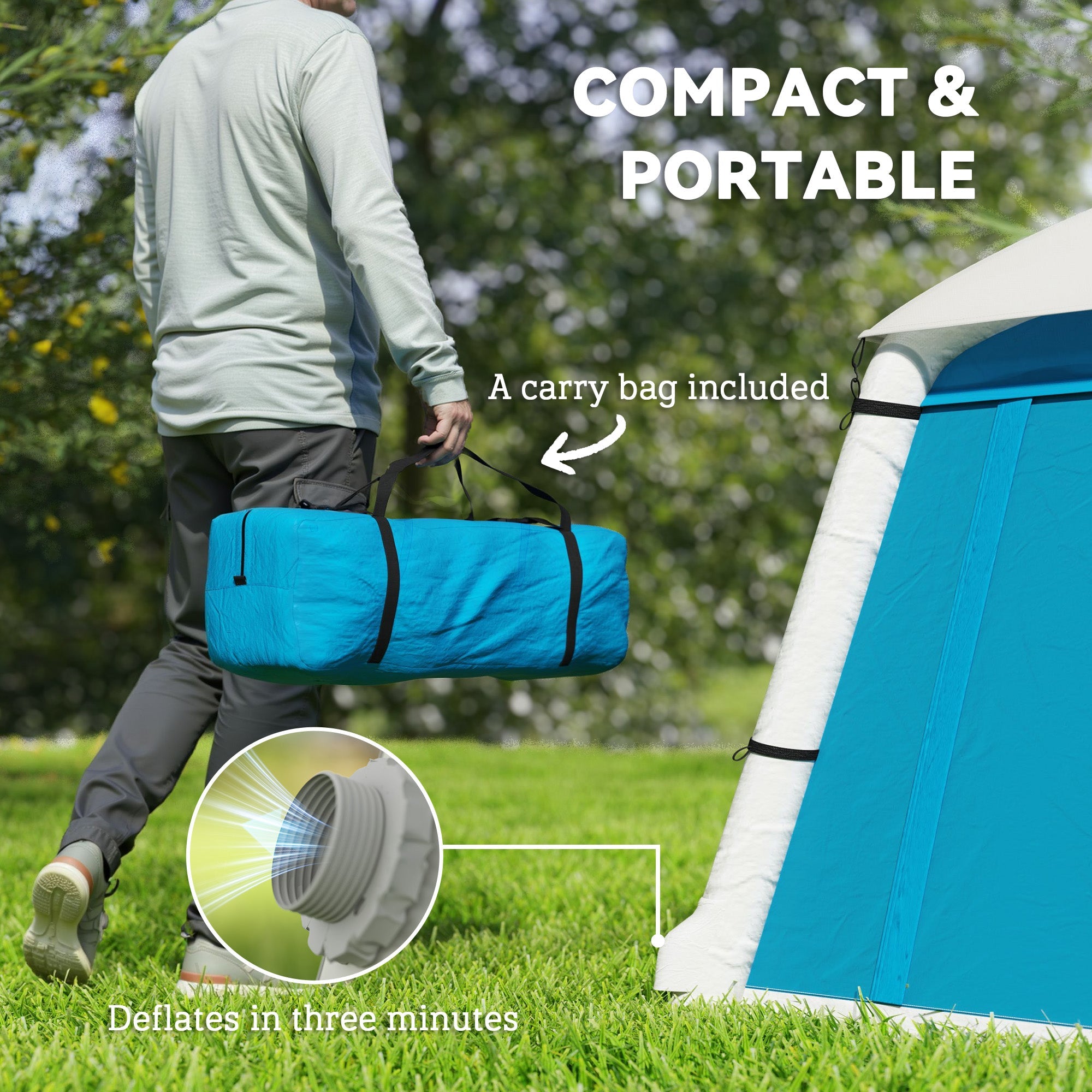 Outsunny Inflatable Camping Tent w/ Hand Pump, Easy Setup 1/2 Person Blow Up Tent Waterproof 190T Taffeta w/ Mesh Windows, Doors and Carry Bag, Light Blue 