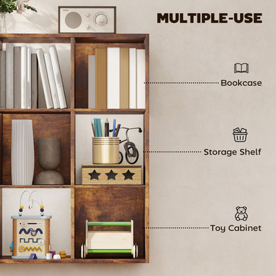 HOMCOM 3-tier 9 Cubes Storage Unit Particle Board Cupboard Bookcase Organiser Home Office Shelves, Rustic Brown 