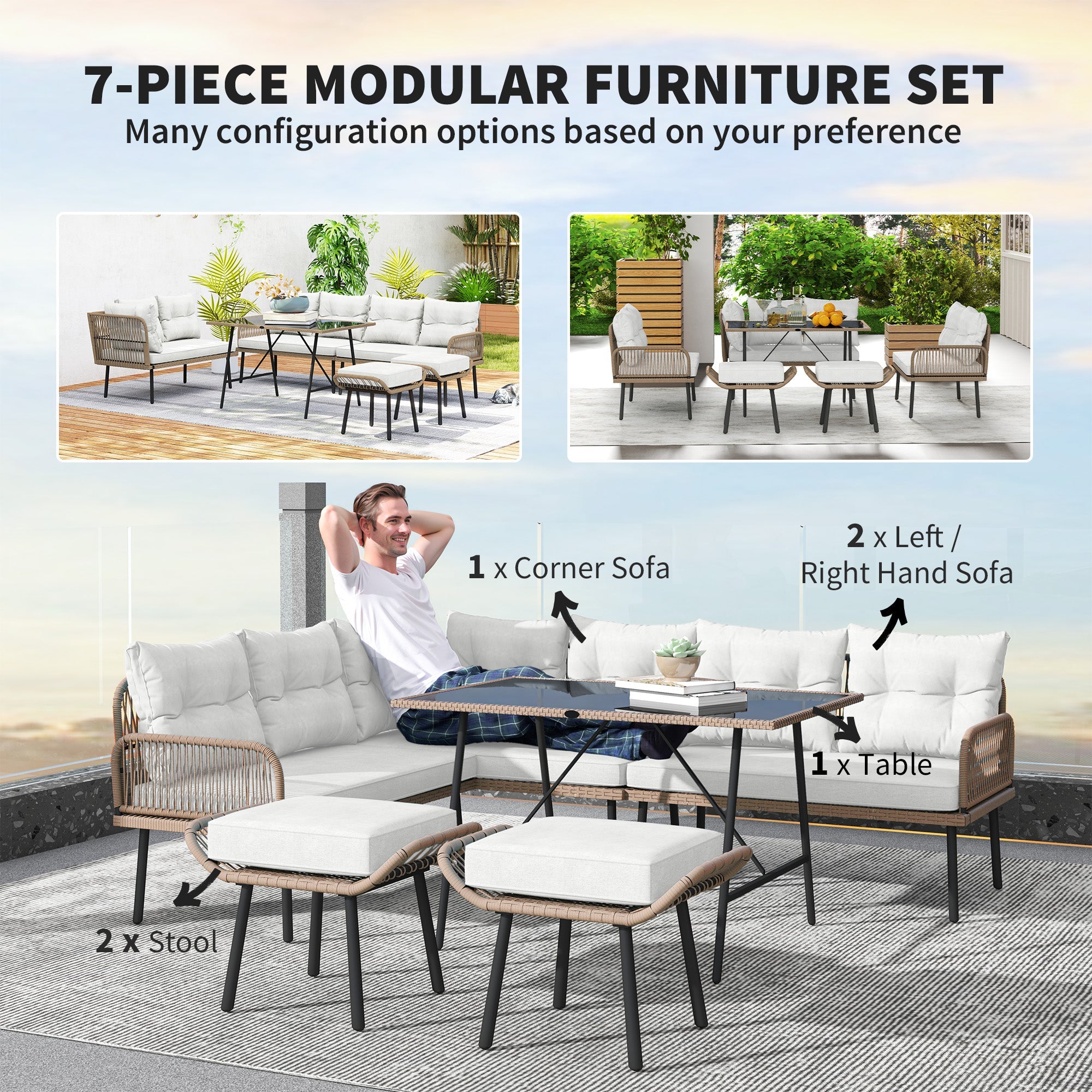 Outsunny 6 Piece Rattan Garden Furniture Set, 8 Seater Garden Corner Sofa with Cushions and Glass Top Table, Sectional Outdoor Furniture Conservatory Set for Patio, Cream White 