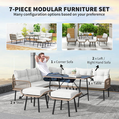 Outsunny 6 Piece Rattan Garden Furniture Set, 8 Seater Garden Corner Sofa with Cushions and Glass Top Table, Sectional Outdoor Furniture Conservatory Set for Patio, Cream White 