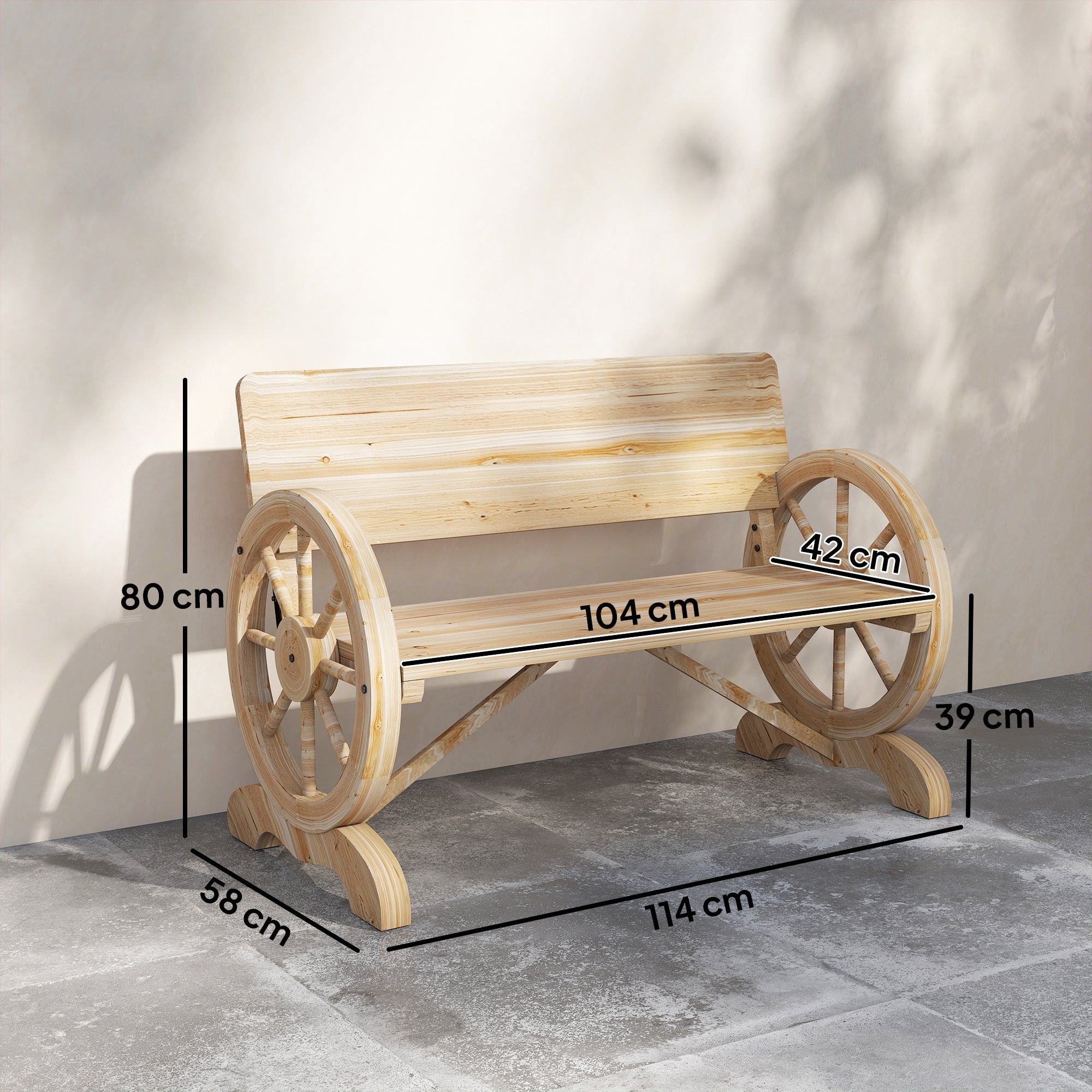 Outsunny Fir Wood 2-Seater Outdoor Garden Wagon Wheel Bench, Natural Wood Finish 