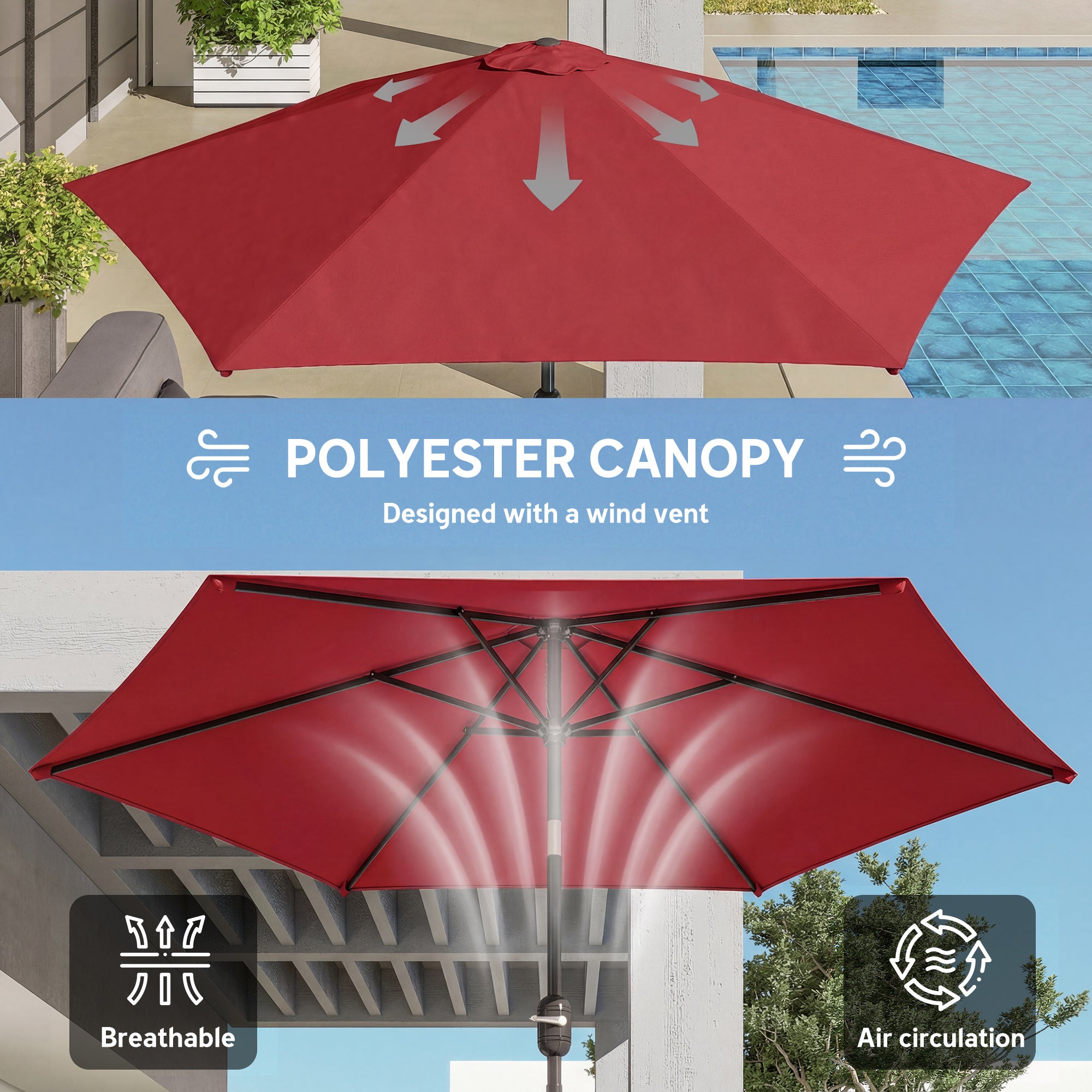Outsunny 2.6 m Garden Parasol Umbrella with Aluminium Pole, Outdoor Patio Umbrella with Tilt and Crank, Vent, Wine Red 