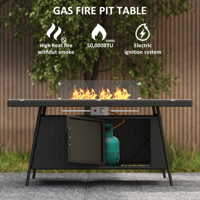 Outsunny 7 Pieces Outdoor Rattan Garden Furniture with Fire Pit Table, 6 Seater Garden Table and Chairs with Cushions, Rattan Dining Set with Propane Heater Table, Windscreen, 50,000 BTU, Black 