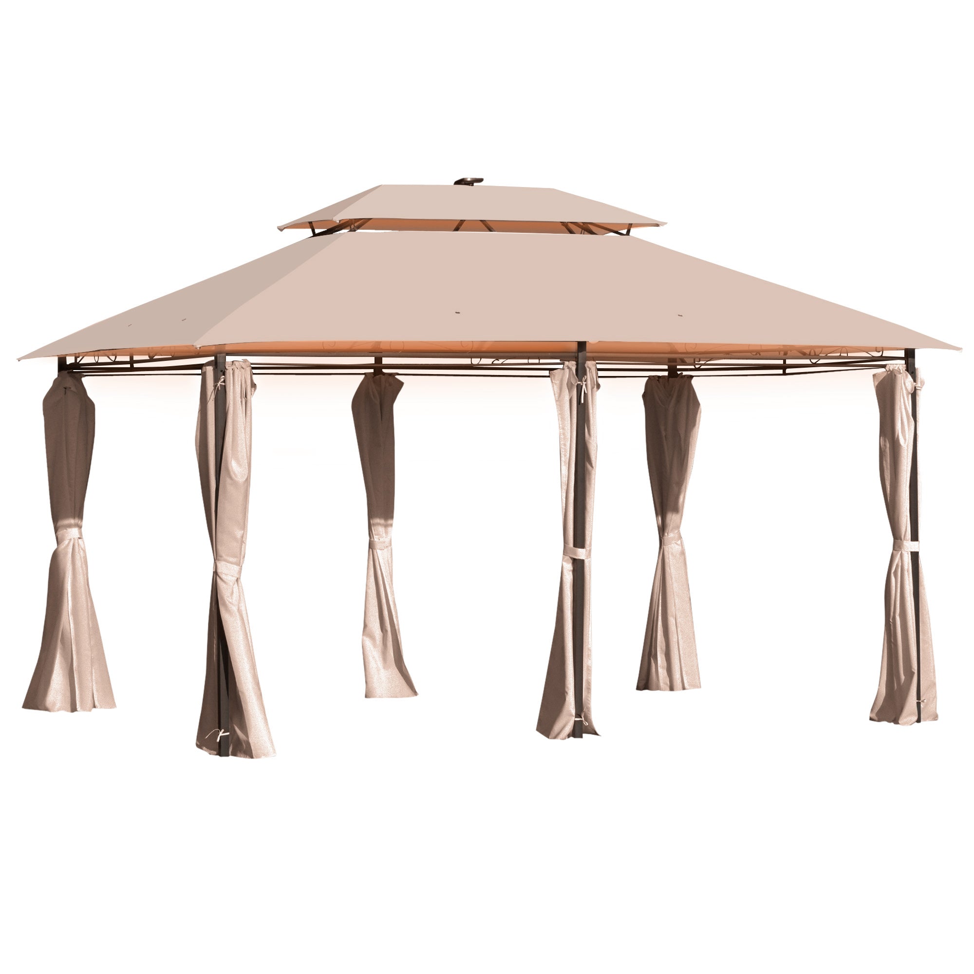 Outsunny 4 x 3(m) Outdoor Gazebo Canopy Party Tent Garden Pavilion Patio Shelter w/ LED Solar Light, Double Tier Roof, Curtains, Steel Frame, Khaki 