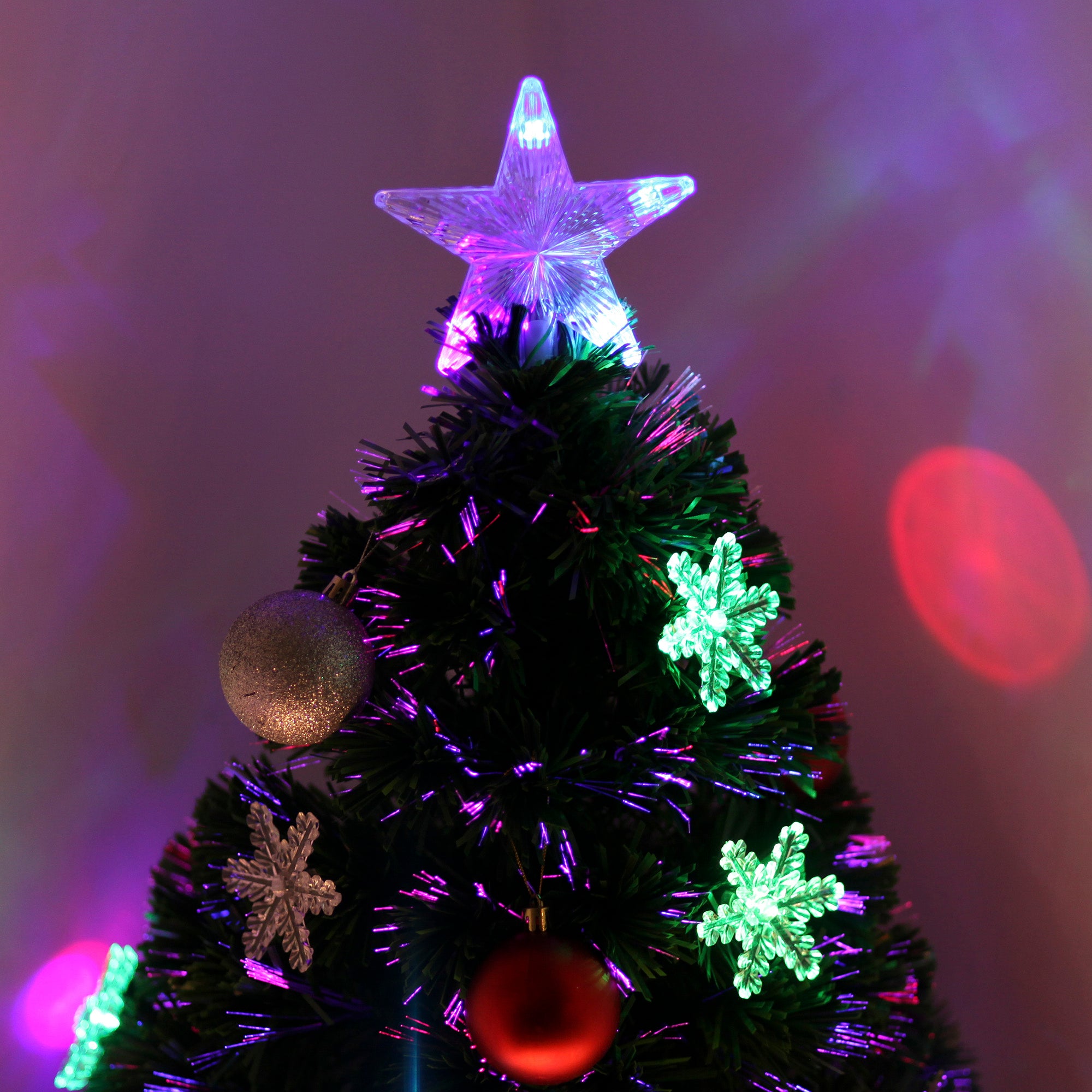 HOMCOM 3FT Green Fibre Optic Artificial Christmas Tree Xmas Colourful LED Scattered Tree with Snowflakes Ornaments Fireproofing 