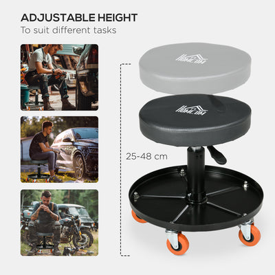 HOMCOM Workshop Stool, Pneumatic Adjustable Mechanic Stool, with Tool Tray, Wheels - Black 
