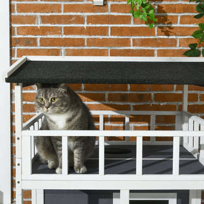 PawHut Wooden Outdoor Cat House 3-Tier for Winter Kitten Shelter Lodge w/ Tilted Roof Terrace Jump Step Bottom Tray Elevated Base Waterproof Paint Grey 