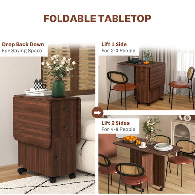 HOMCOM Multi-Storage Six-Person Drop Leaf Dining Table -  Distressed Brown 