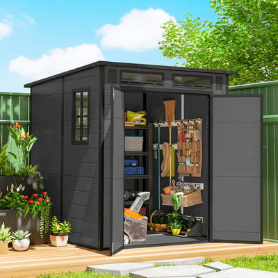 Outsunny 6 x 6 ft Plastic Garden Shed, Wood-Effect Outdoor Storage Shed with Floor, Windows, Lockable Doors and Vents, Dark Grey 