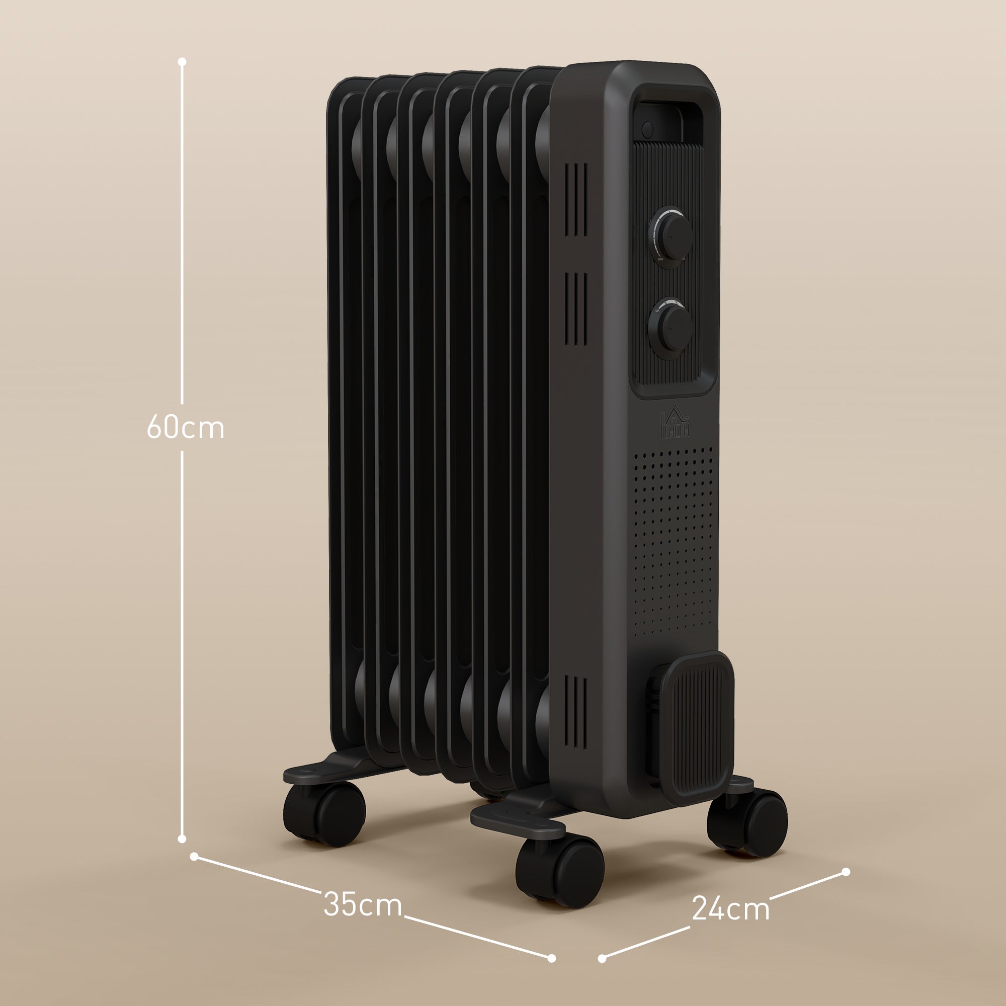 HOMCOM 1500W Oil Filled Radiator, 7 Fin, Portable Electric Heater with 3 Heat Settings, Safety Cut-Off and Wheels, Grey 