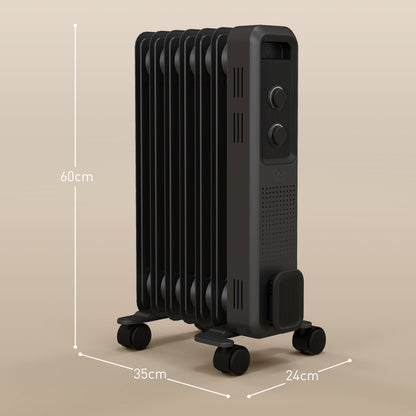 HOMCOM 1500W Oil Filled Radiator, 7 Fin, Portable Electric Heater with 3 Heat Settings, Safety Cut-Off and Wheels, Grey 