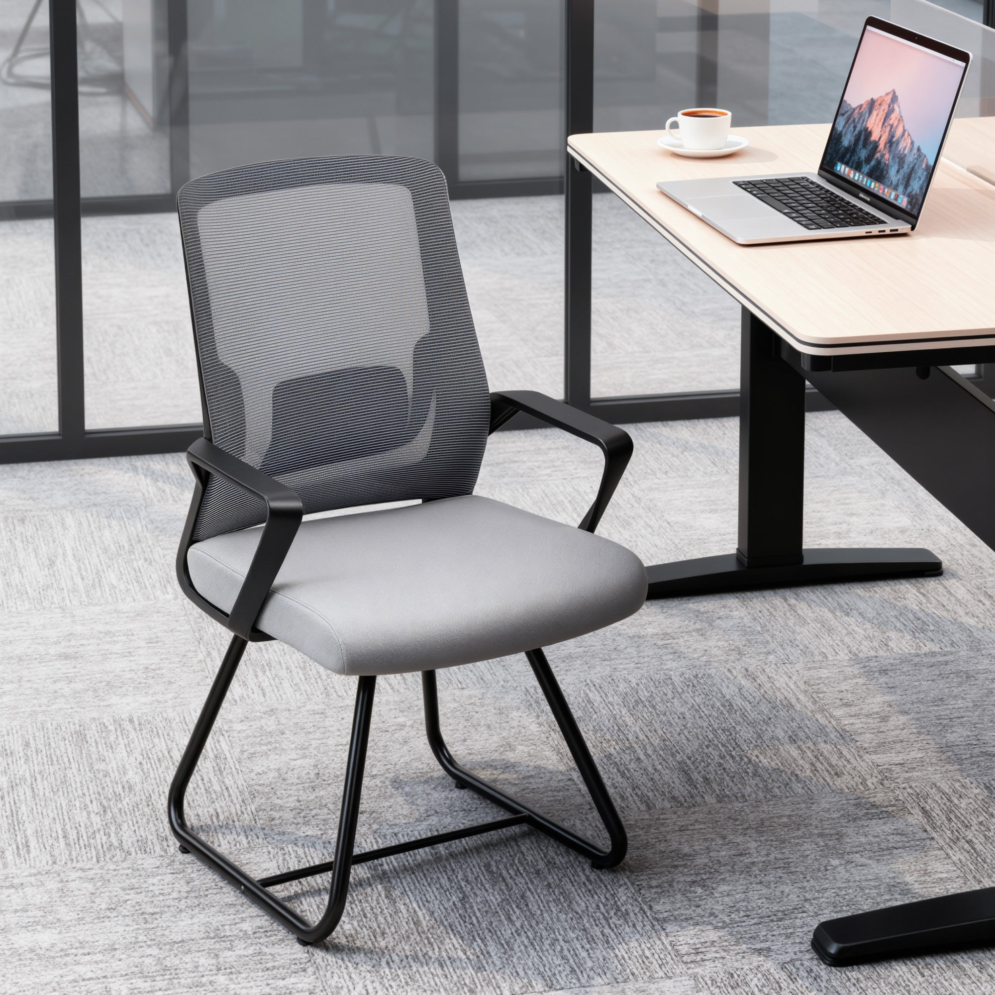 HOMCOM Desk Chair No Wheels, Office Chair with Mesh Back, Lumbar Support, Metal Base for Waiting Room, Conference Room, Dark Grey 
