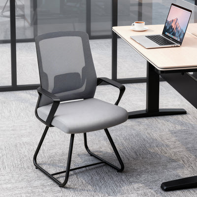 HOMCOM Desk Chair No Wheels, Office Chair with Mesh Back, Lumbar Support, Metal Base for Waiting Room, Conference Room, Dark Grey 
