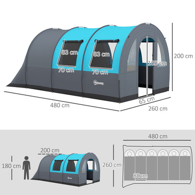 Outsunny Six Man Duo Room Tunnel Tent, with Accessories - Grey/Blue 