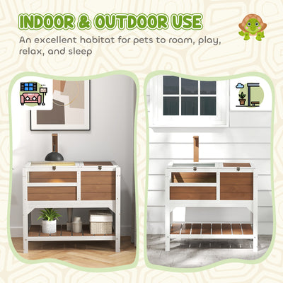 PawHut Wooden Tortoise House, with Shelter, Run, Shelf, Lamp Holder, Tray - Brown 
