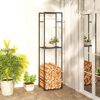 Outsunny Metal Firewood Log Holder, Heavy Duty Firewood Rack with Adjustable Shelf, Indoor Outdoor Fireplace Wood Storage Shelf, 45 x 31 x 170 cm, Black