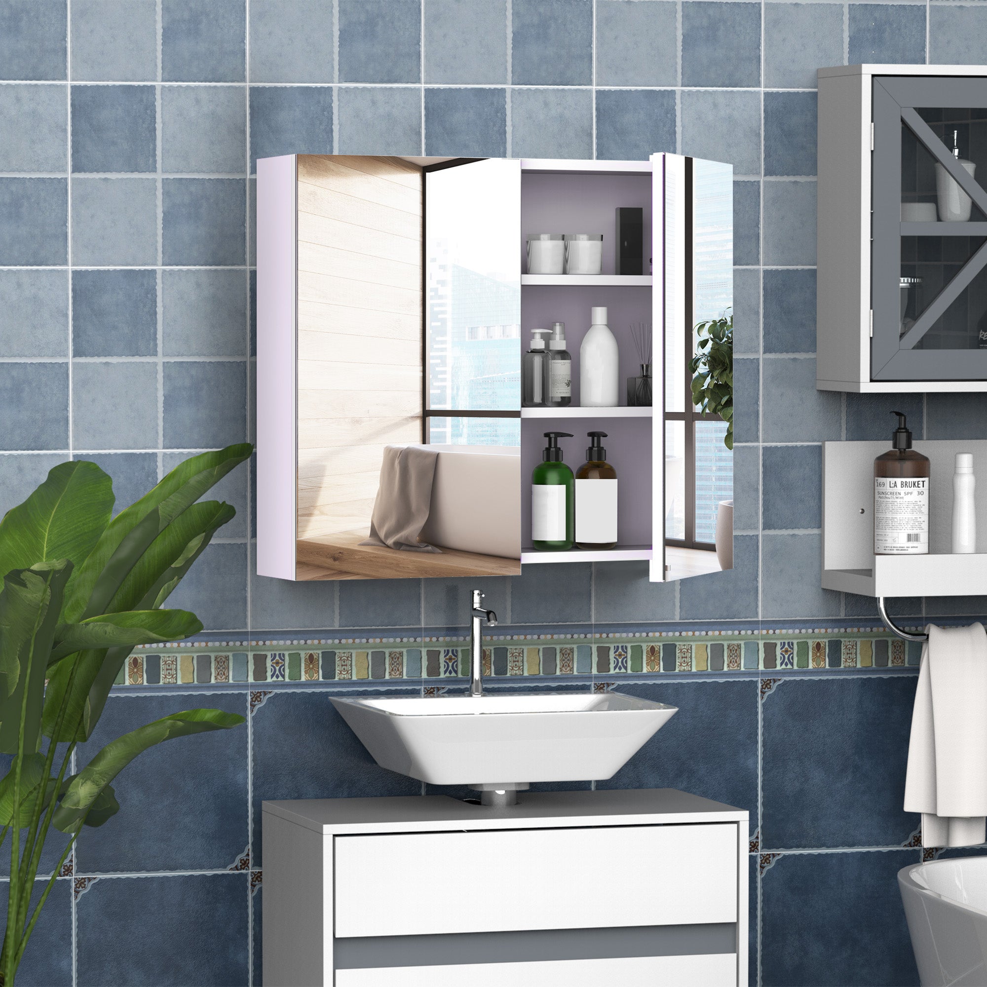 HOMCOM Mirror Cabinet, Wall Mount Bathroom Storage Cabinet with Adjustable Shelf, Double Door Cupboard, 70 x 15 x 60 cm, White 
