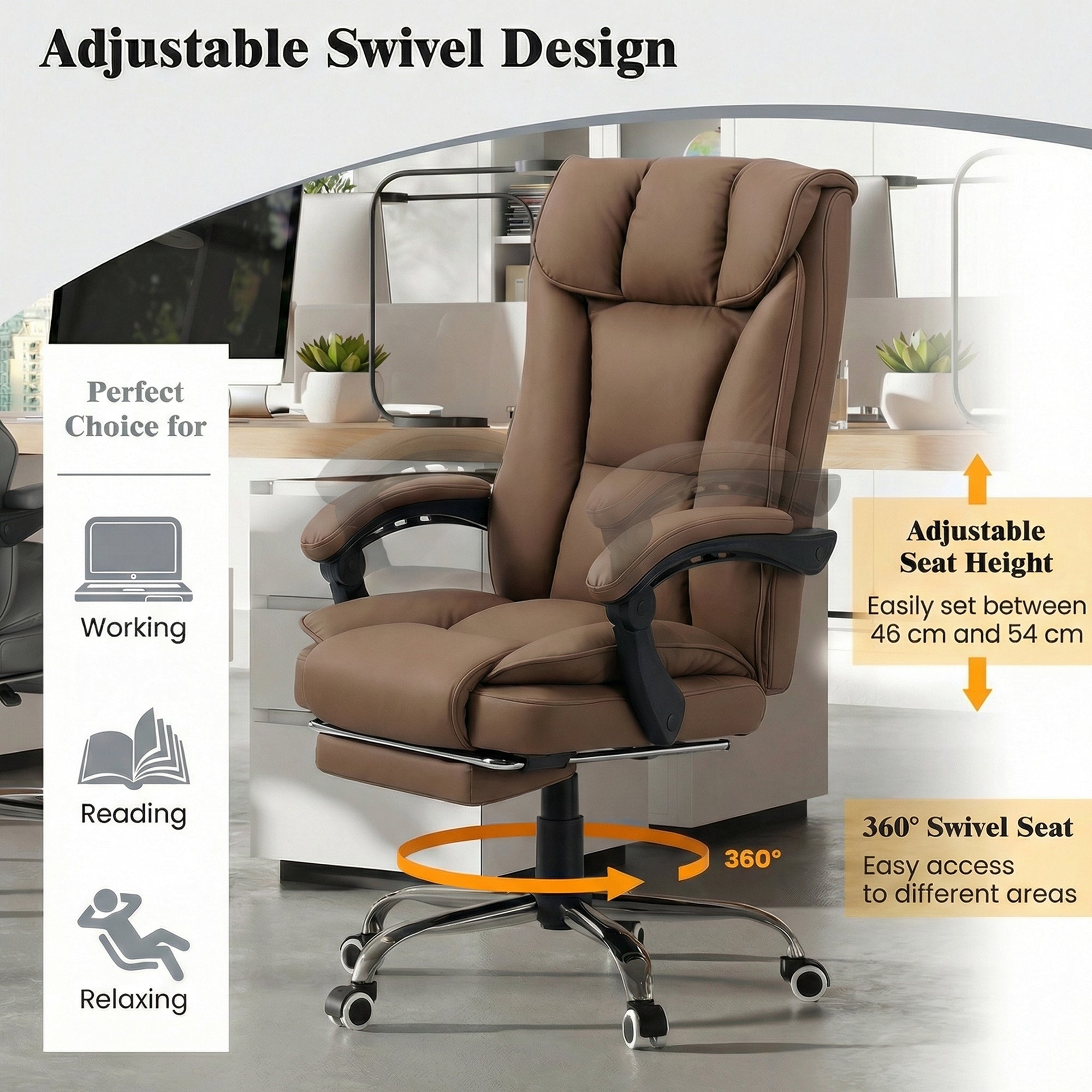 HOMCOM 155° Reclining Faux Leather Swivel Office Chair - Brown 