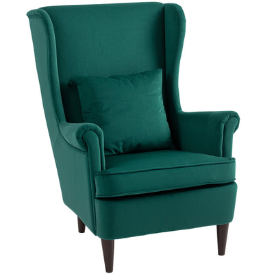 HOMCOM Modern Accent Chair, Upholstered Wingback Armchair with High Backrest and Pillow, Velvet-Feel Fabric Reading Chair with Solid Wood Legs for Living Room, Bedroom, Home Office, Dark Green 
