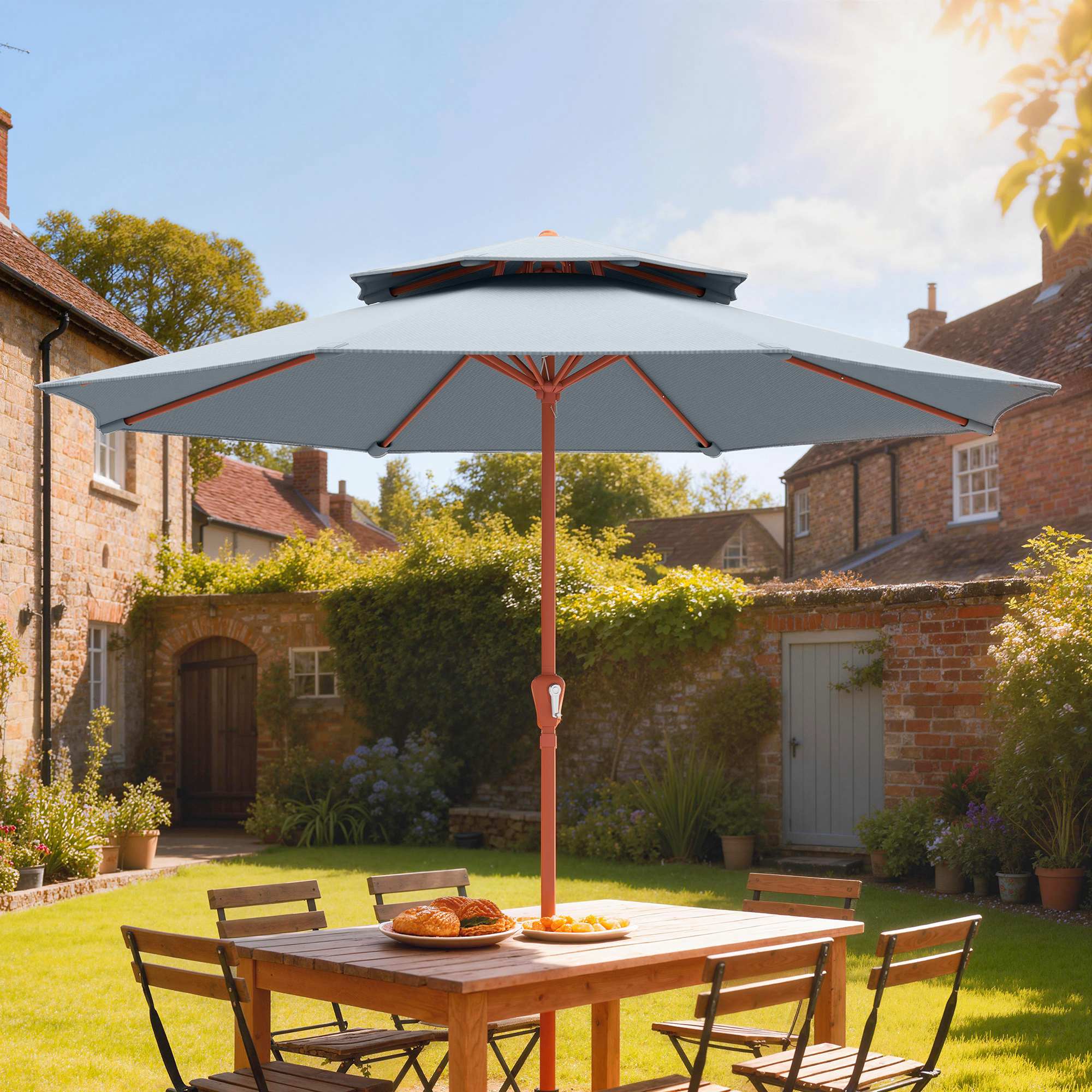 Outsunny 2.7 m Garden Parasol with Double Top Outdoor Market Table Umbrella with Crank System, Light Grey 