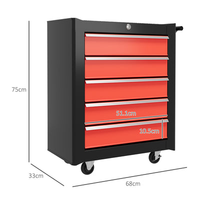 HOMCOM 5-Drawer Tool Chest with Wheels, Steel Lockable Tool Storage Cabinet with Handle, 2 Keys for Garage, Workshop, Red 