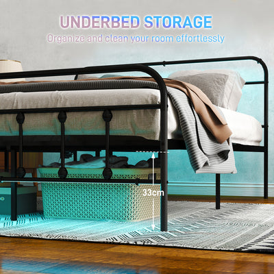 HOMCOM King Bed Frame with LED Lights and Charging Station, Metal Platform Bed Frame with Under Bed Storage, Black 