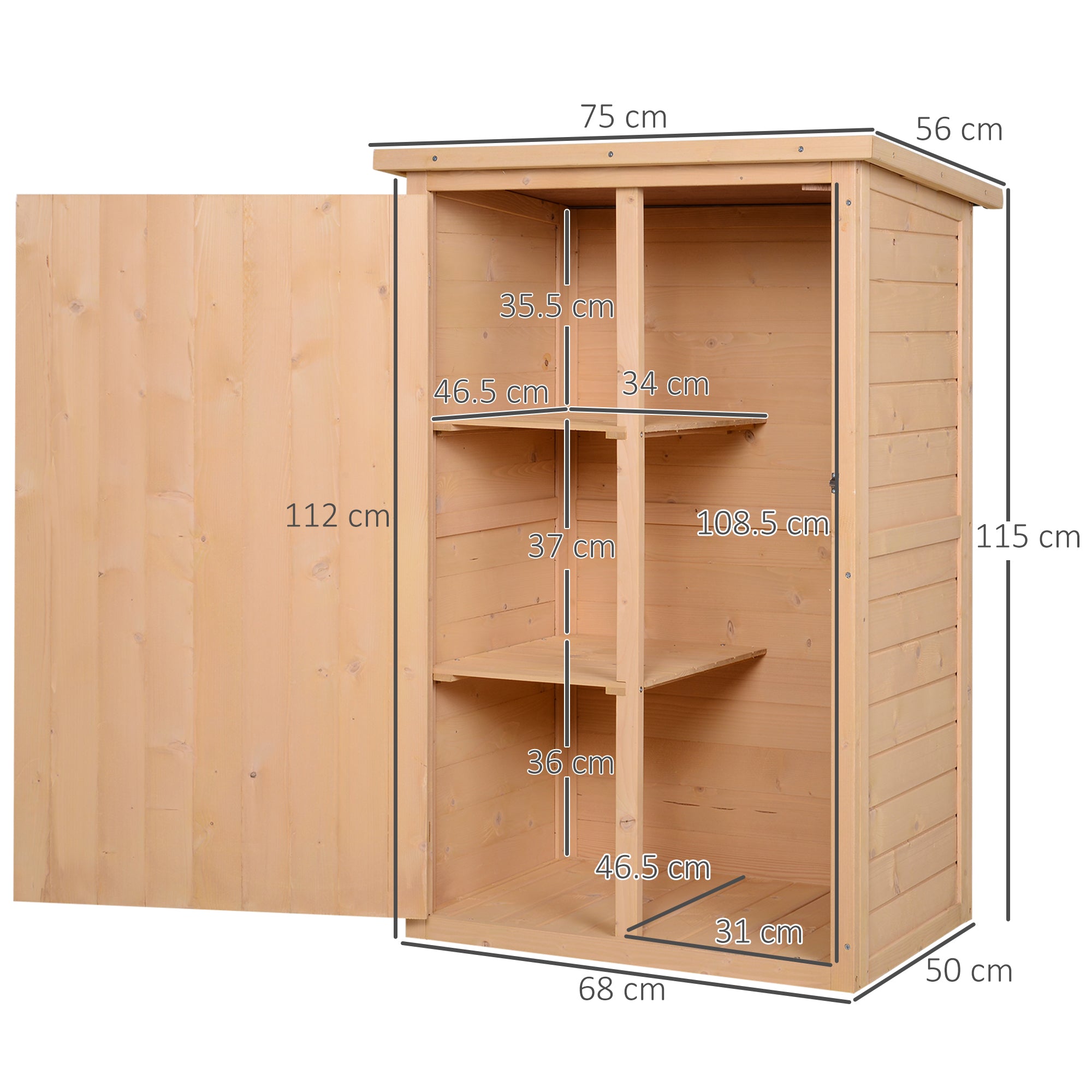Outsunny Wooden Small Shed, Garden Storage Shed with Shelves and Bolt Latch, 75L x 56W x115H cm, Natural 