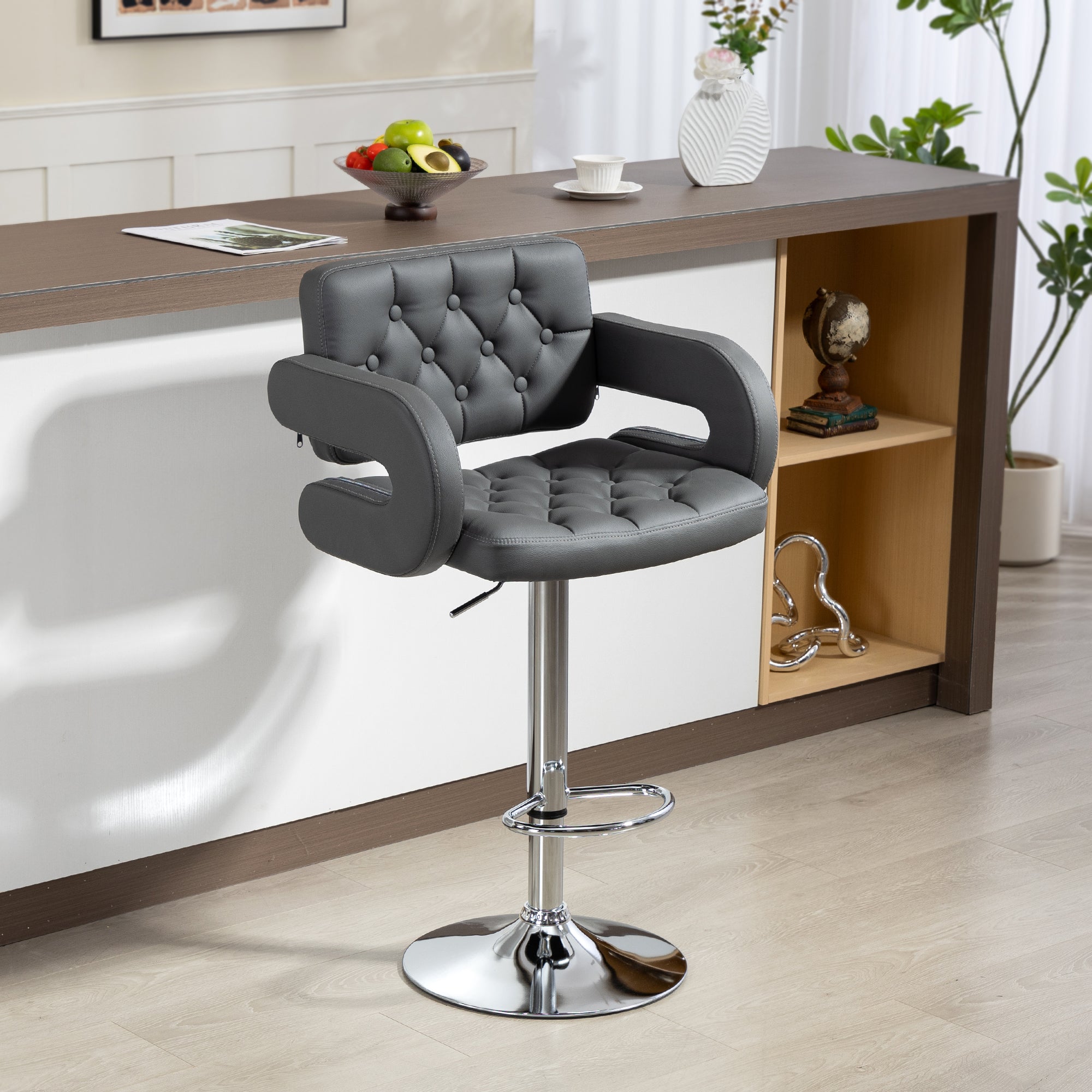 HOMCOM PU Leather Upholstered Swivel Bar Stool, Height Adjustable with Back, Armrest, Footrest, Grey 