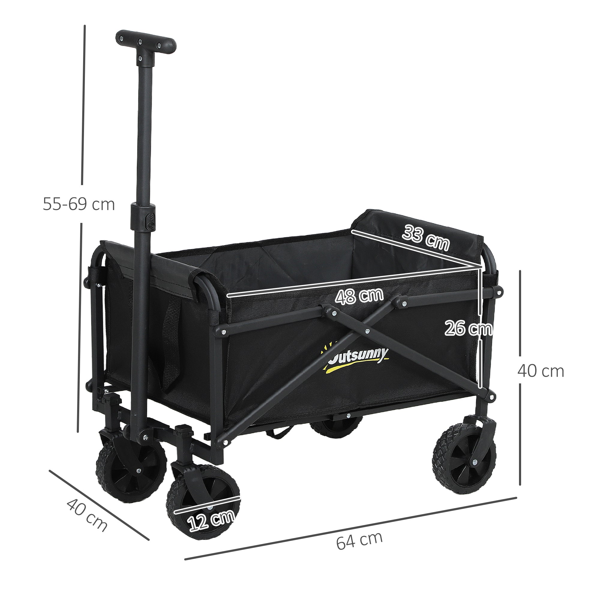 Outsunny 41L Festival Trolley on Wheels, Small Garden Folding Trolley Cart, 60kg Heavy Duty Collapsible Folding Wagon with Adjustable Handle and Carrying Bag for Beach, Camping, Festival, Black 