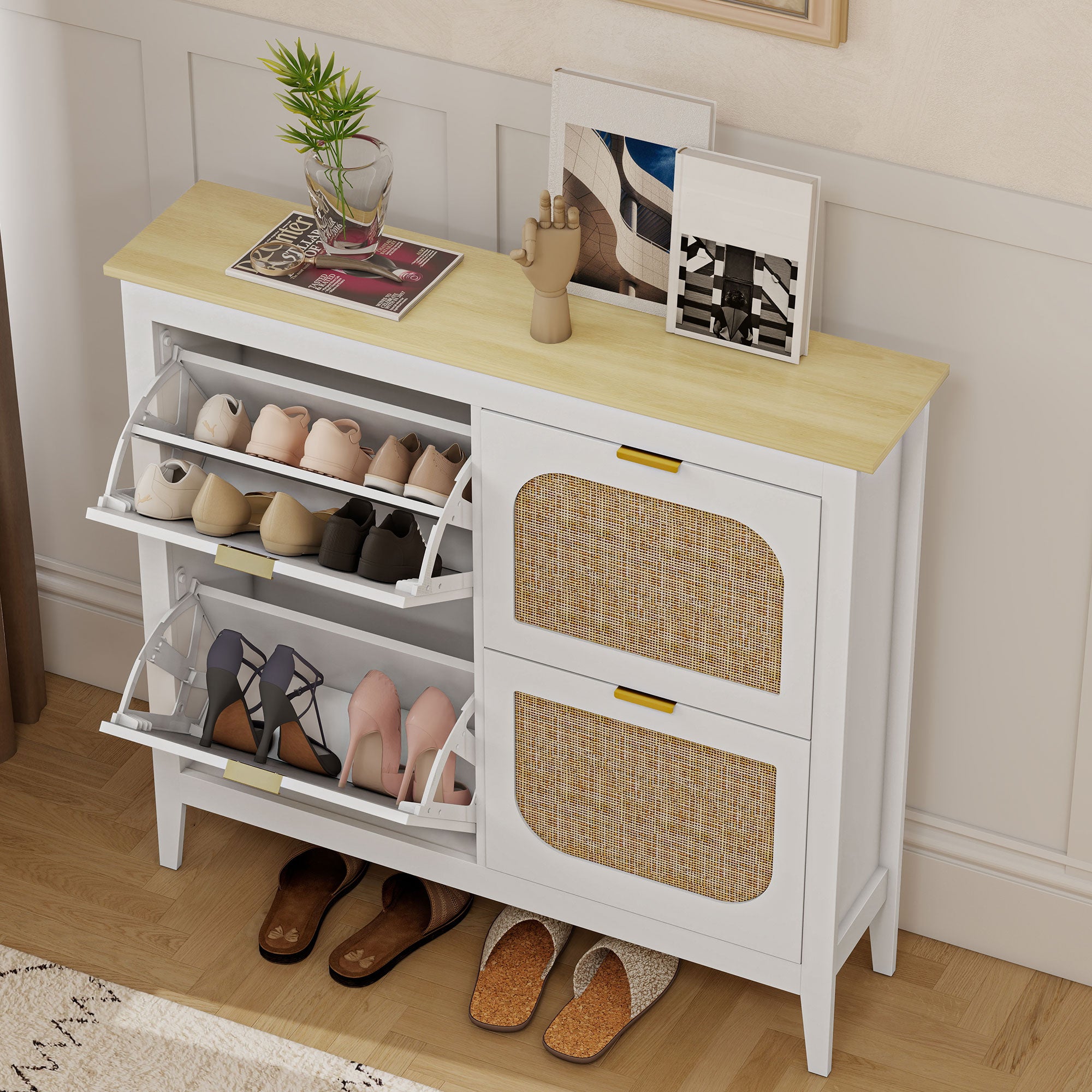 HOMCOM Narrow Shoe Cabinet, Boho Slim Shoe Storage Cabinet with 4 Flip Drawers, Holds 20 Pairs, White 