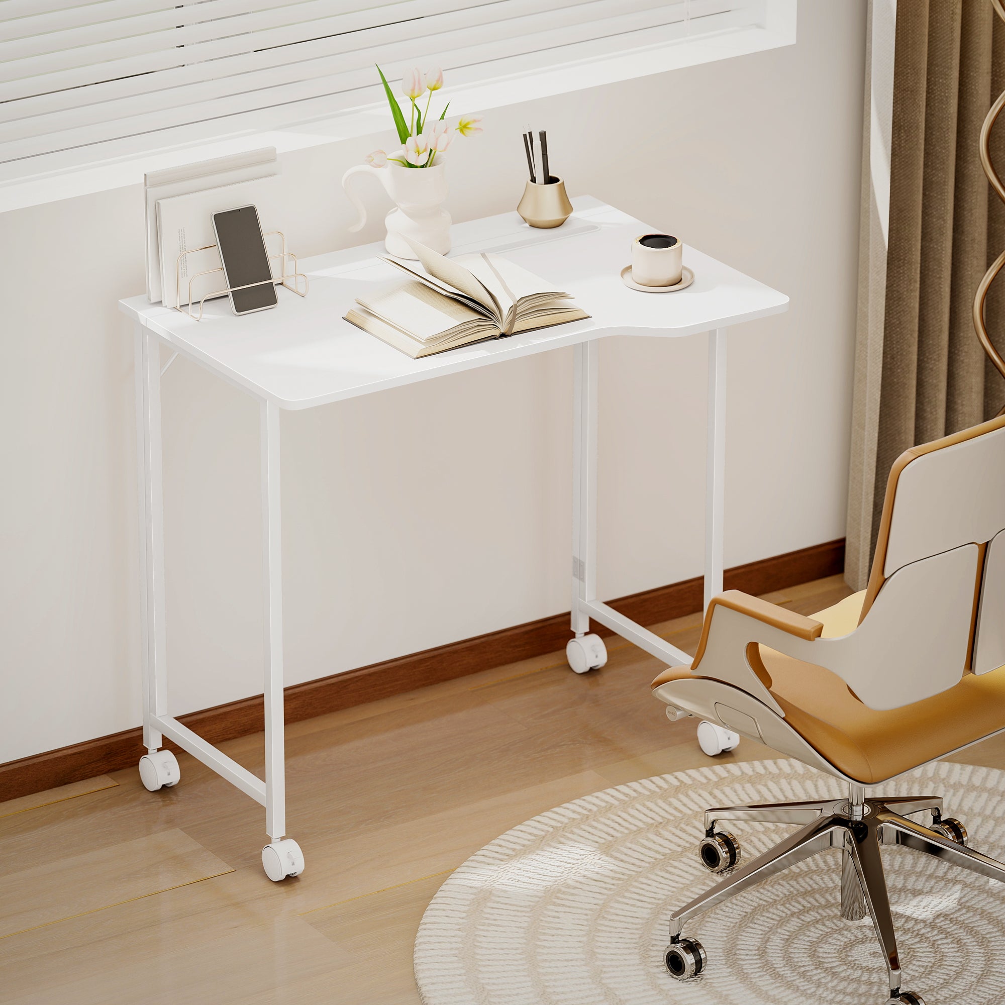HOMCOM Small Folding Desk, with Wheels - White Wood-Effect 