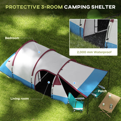 Outsunny Camping Tent, Large Tunnel Tent with Bedroom and Living Area, 2000mm Waterproof, Portable with Bag for 2-3 Man, Red 