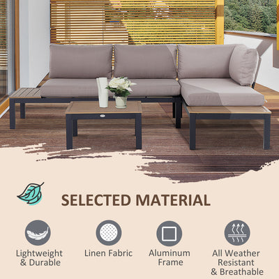Outsunny 3 Pieces Garden Furniture Set, Aluminium 4 Seater Corner Sofa Set with 2 Loveseats, Coffee Table and Side Trays, Outdoor Conversation Furniture with Cushions for Garden, Black 