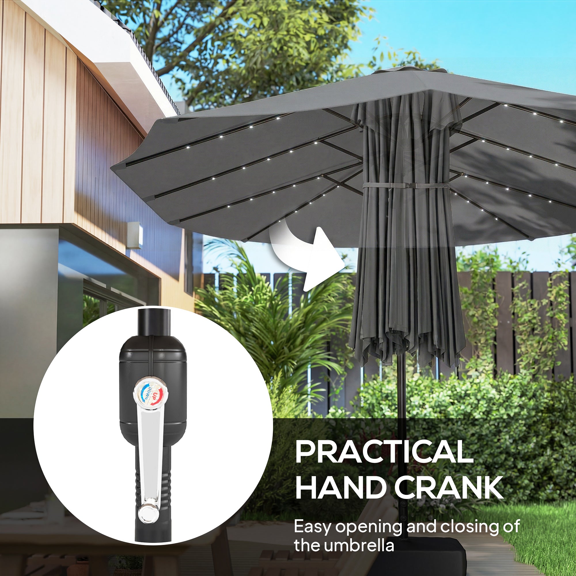 Outsunny Patio Umbrella Double-Sided Outdoor Umbrella with Solar Lights Base, Grey 