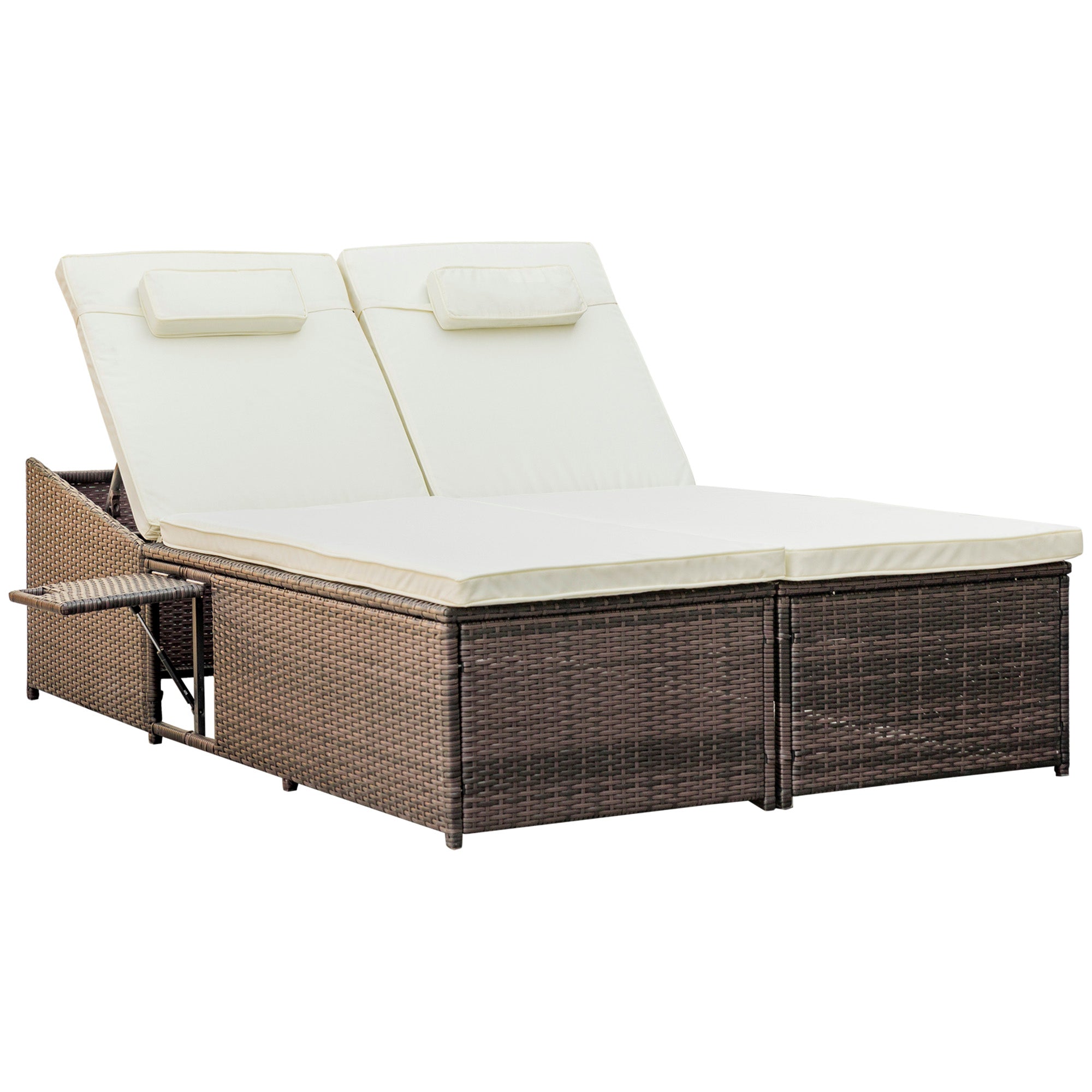 Outsunny 2 Seater Double Rattan Sun Lounger Recliner Day Bed Outdoor Wicker Weave Furniture Sofa w/ Fire Retardant Cushions – Cream 