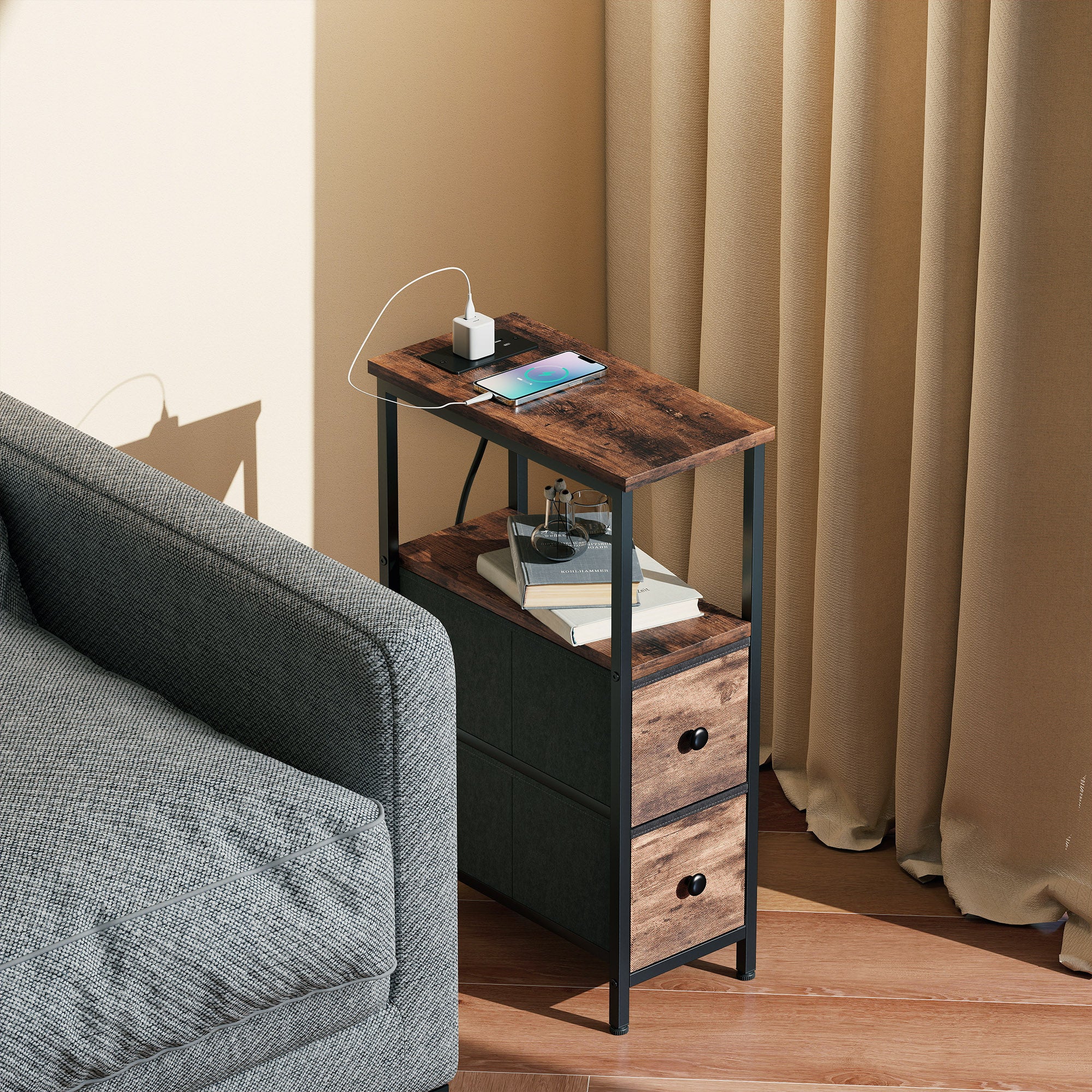 HOMCOM Side Table, Narrow Bedside Table with Charging Station, 2 Drawers, AC Outlet and 2 USB Ports for Living Room, Bedroom 