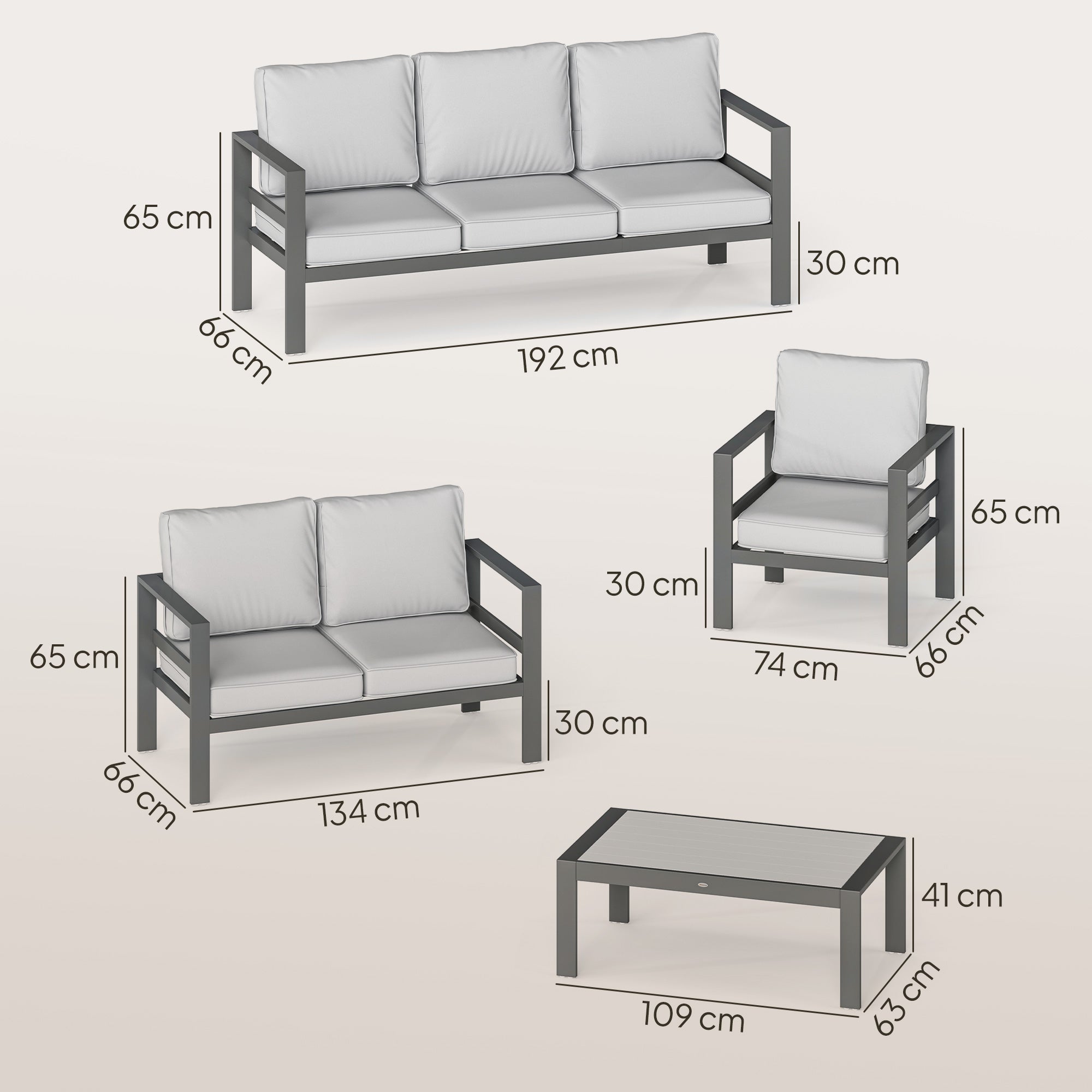 Outsunny 5 Pieces Aluminium Garden Furniture Set with Olefin Cushions, Extra Deep Outdoor Garden Sofa Set, Dark Grey 