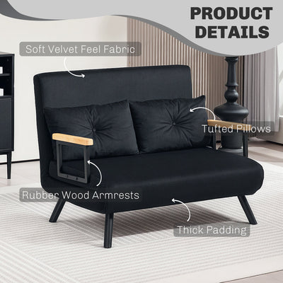 HOMCOM 4-in-1 Velvet-Feel Double Sofa Bed, with Pillows - Black 
