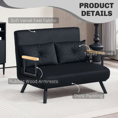 HOMCOM 4-in-1 Velvet-Feel Double Sofa Bed, with Pillows - Black 
