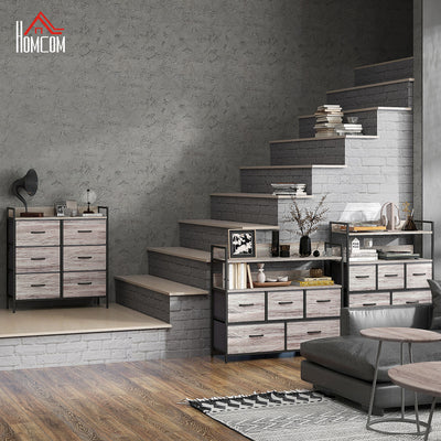 HOMCOM Rustic Chest of Six Fabric Drawers - Grey Wood Effect 