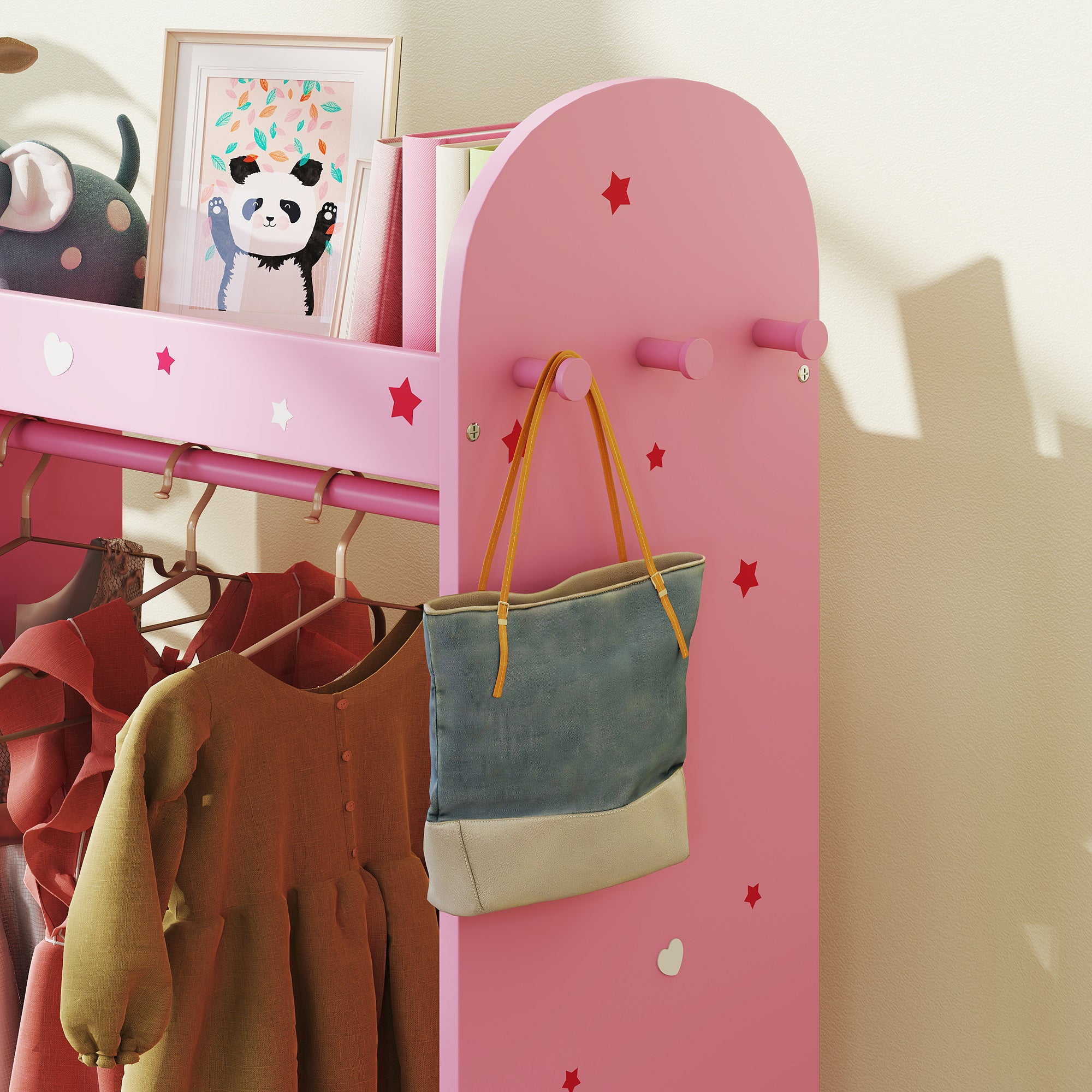 AIYAPLAY Kids Clothes Rail, Kids Wardrobe with Mirror, Shelves, Fabric Storage and Hooks for Bedroom, Nursery, Pink 