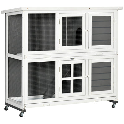 PawHut Wooden Rabbit Hutch, Two-Tier Guinea Pig Cage, with Removable Tray, Wheels 
