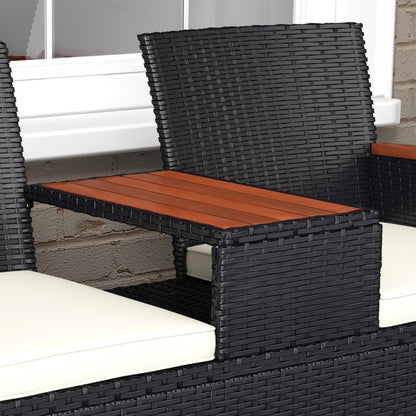 Outsunny Two-Seat Rattan Loveseat, with Wood-Top Middle Table - Black 