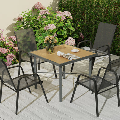 Outsunny Garden Table, 90cm Square Outdoor Patio Dining Table with 4.2 cm Umbrella Hole, Metal Frame, Wood Effect Top, for Terrace, Balcony, Natural Wood Finish 