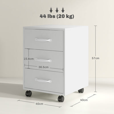 HOMCOM 3 Drawer File Cabinet, Mobile Filing Cabinet on Wheels for Home Office, Study, White 