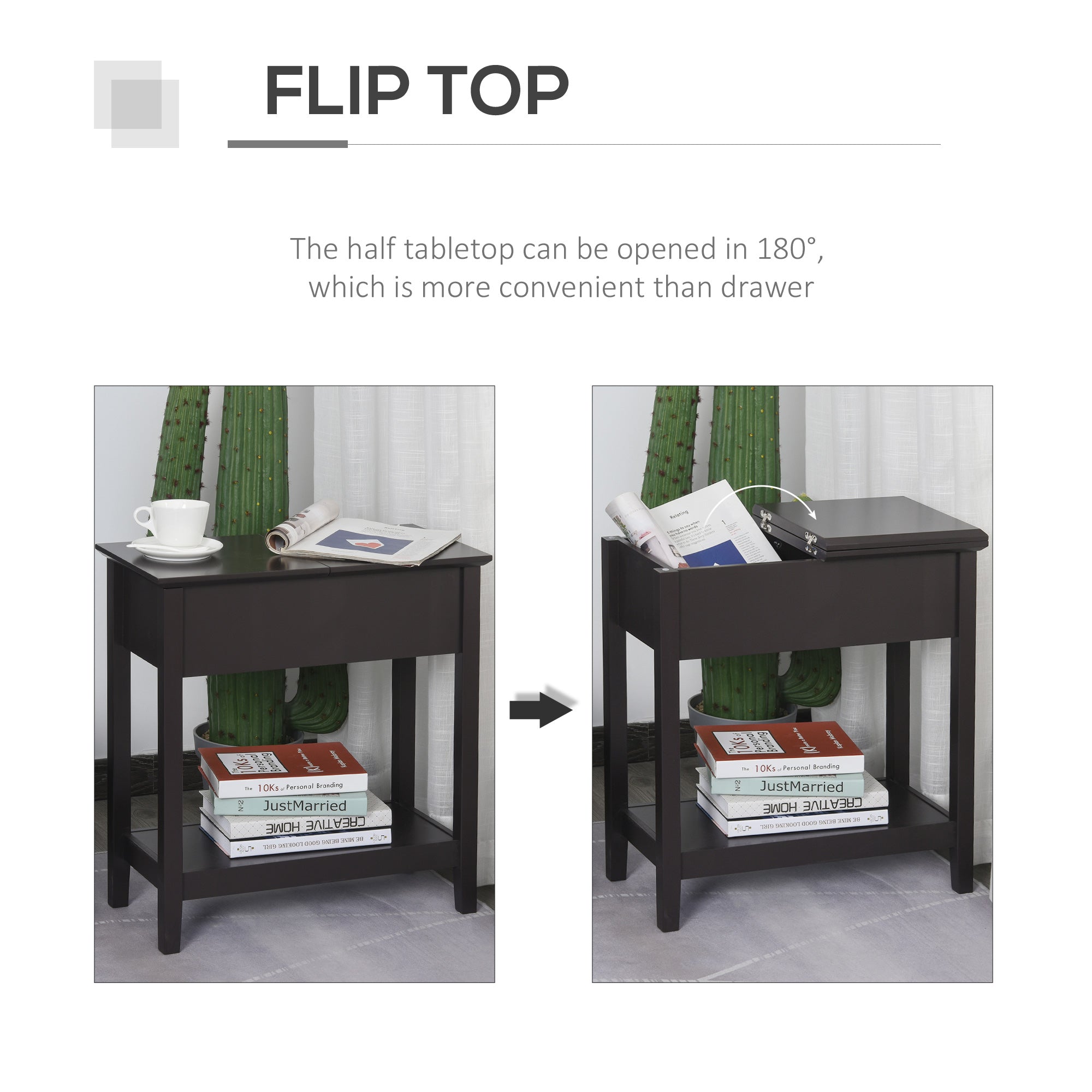 HOMCOM End Table, Narrow Side Table with Flip Top , Shelf, Dark Coffee 