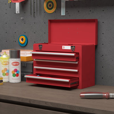 DURHAND Lockable Metal Tool Box, 4 Drawer Tool Chest with Latches, Handle, Ball Bearing Runners, Red 