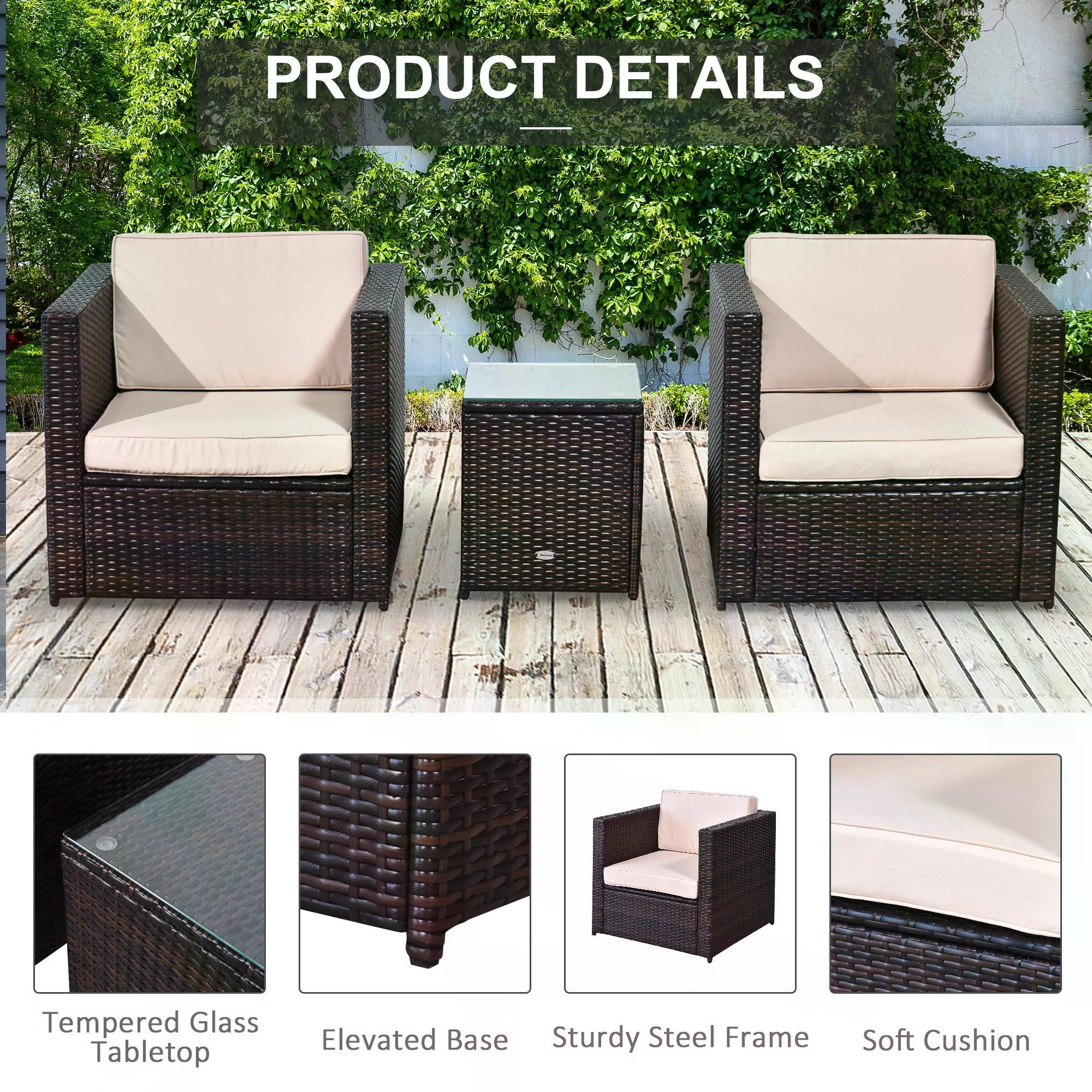 Outsunny 2-Seater Rattan Sofa  Furniture Set W/Cushions, Steel Frame-Brown 